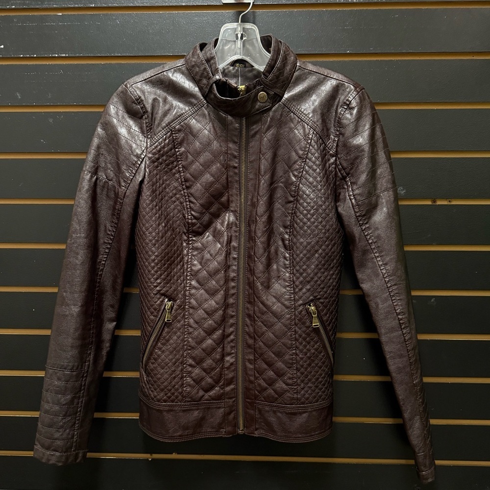 GUESS Brown Quilted Moto Jacket XS Faux Leather